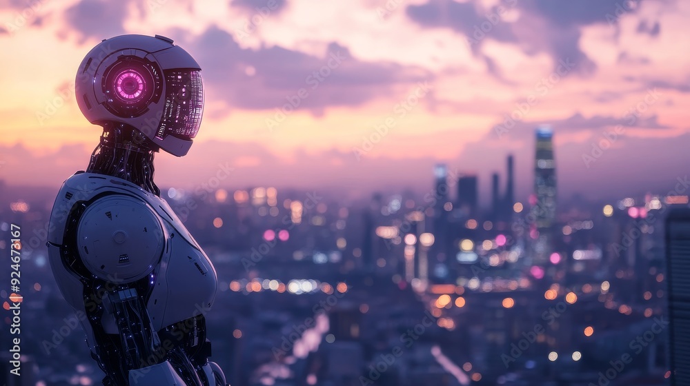A futuristic robot stands against a backdrop of a modern city skyline at sunset, symbolizing artificial intelligence, technological advancement, urban development, future possibilities, and human-mach A futuristic robot stands against a backdrop of a modern city skyline at sunset, symbolizing artificial intelligence, technological advancement, urban development, future possibilities, and human-mach