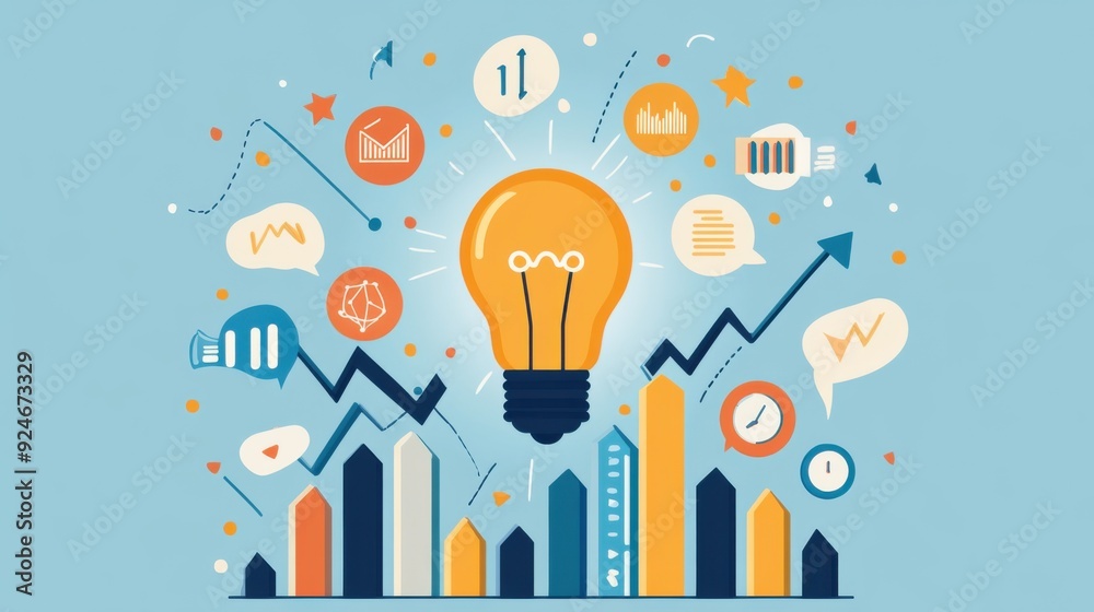 Illuminating Idea-Driven Growth - Light Bulb and Upward Arrows Flat Design Concept for Progress and Innovation