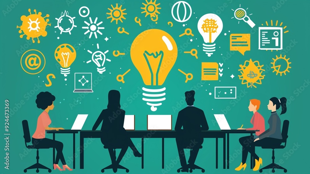 Student-led innovation projects clipart, brainstorming, flat art, simple cartoon 2D emblem Student-led innovation projects clipart, brainstorming, flat art, simple cartoon 2D emblem