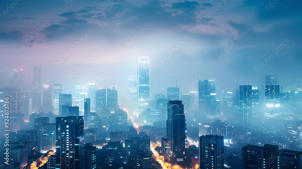 Naklejka premium Urban skyline masked by PM 25, spotlighting urgent tech innovations and streamer awareness