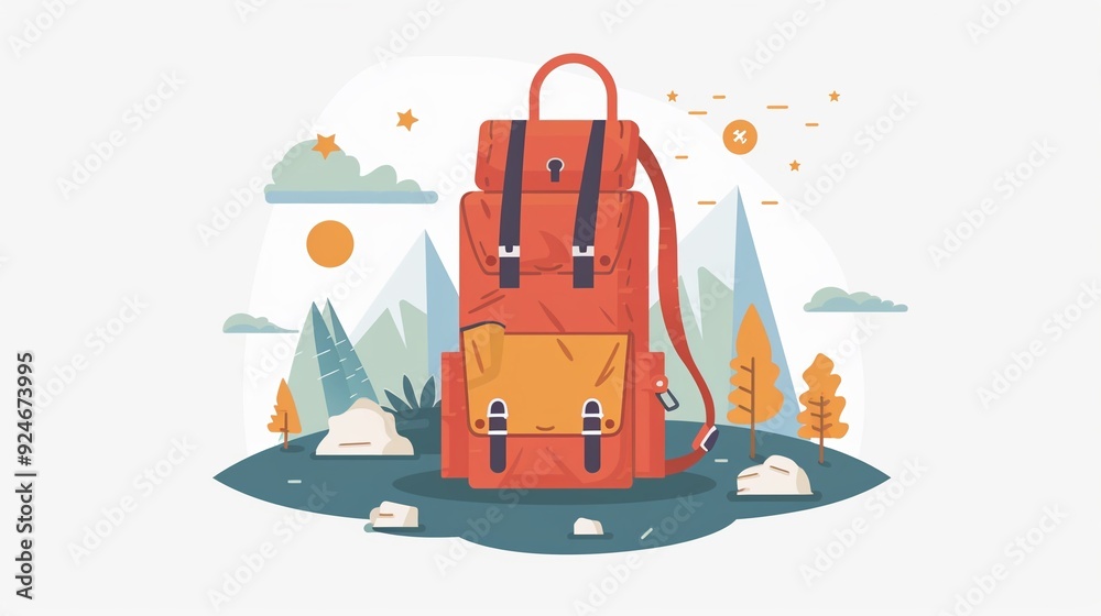 Naklejka premium Travel adventure backpack clipart, flat art, exploration theme, simple cartoon 2D