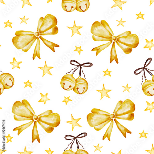 Christmas holiday seamless pattern, new year bow, gold bells and golden stars