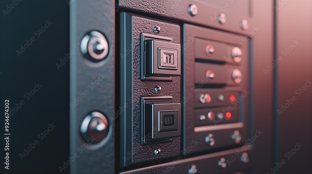 Fototapeta premium Close-up view of a textured control panel featuring various buttons and switches in a modern industrial design.