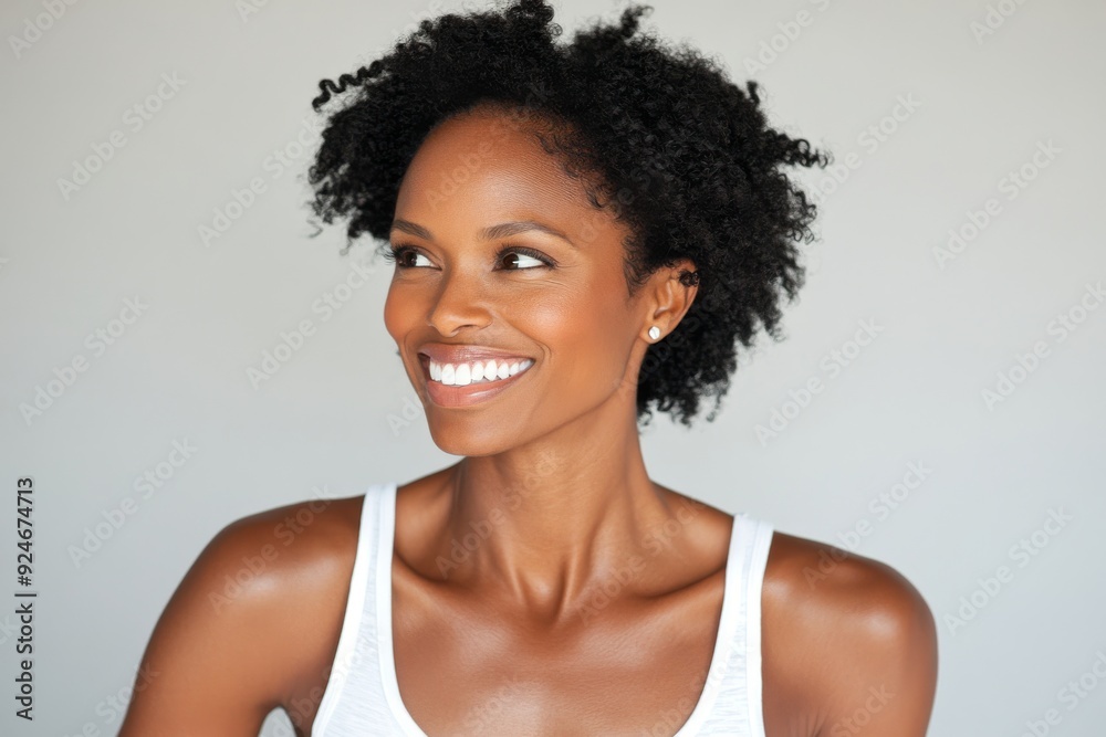 White background with an isolated gorgeous woman smiling and looking to her left sideways White background with an isolated gorgeous woman smiling and looking to her left sideways