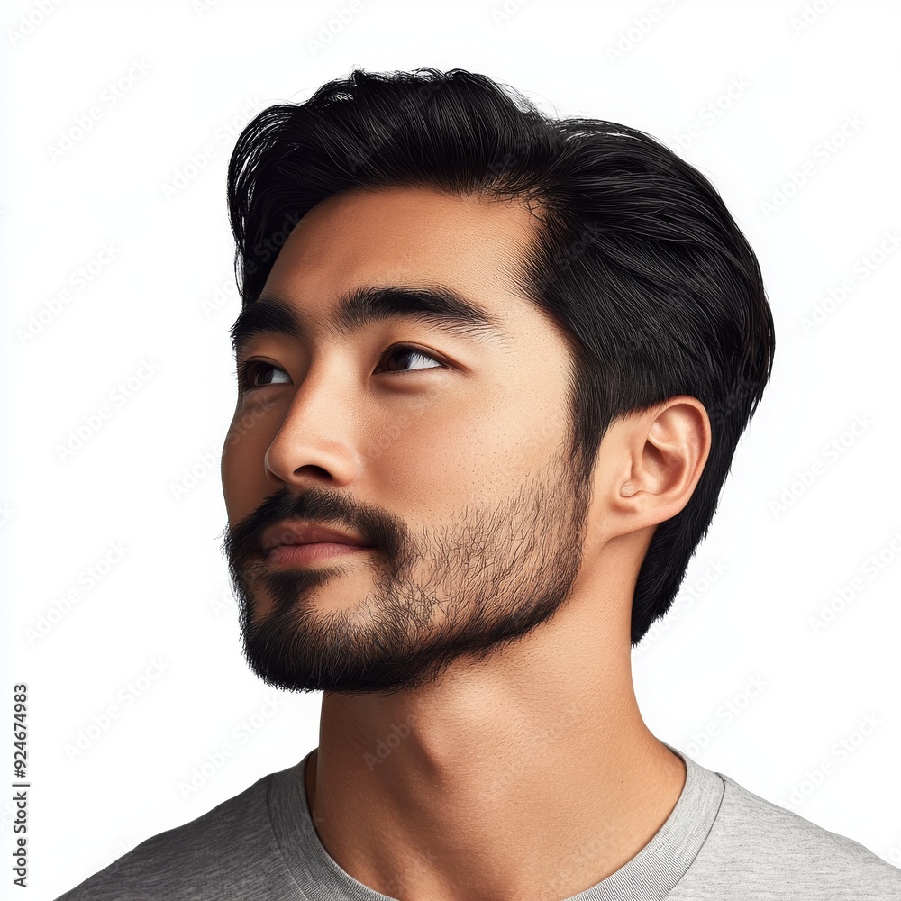 Fototapeta premium A smiling Asian man is shown in profile, from the side, on a white background