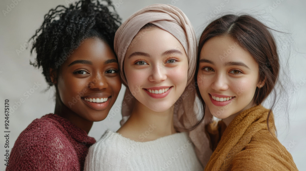 A heartwarming scene of three women from different backgrounds smiling together, set A heartwarming scene of three women from different backgrounds smiling together, set