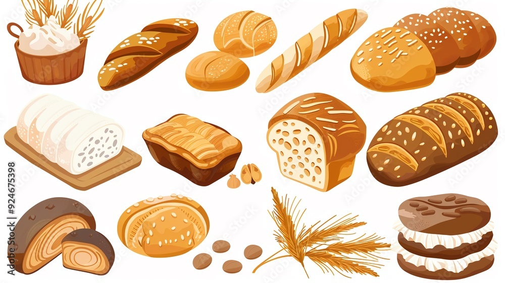 Artisanal bakery delights clipart, fresh loaves, flat art, simple cartoon 2D