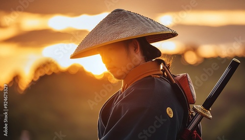 japanese samurai worrior against sunset  photo