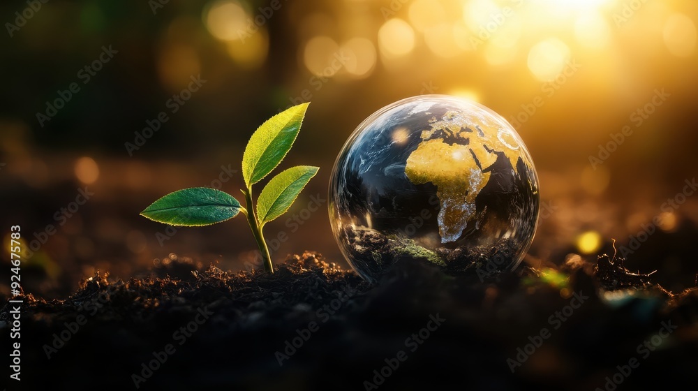 Globe and Young Plant in Soil with Sunlight - Symbolizing Environmental Conservation and Global Sustainability