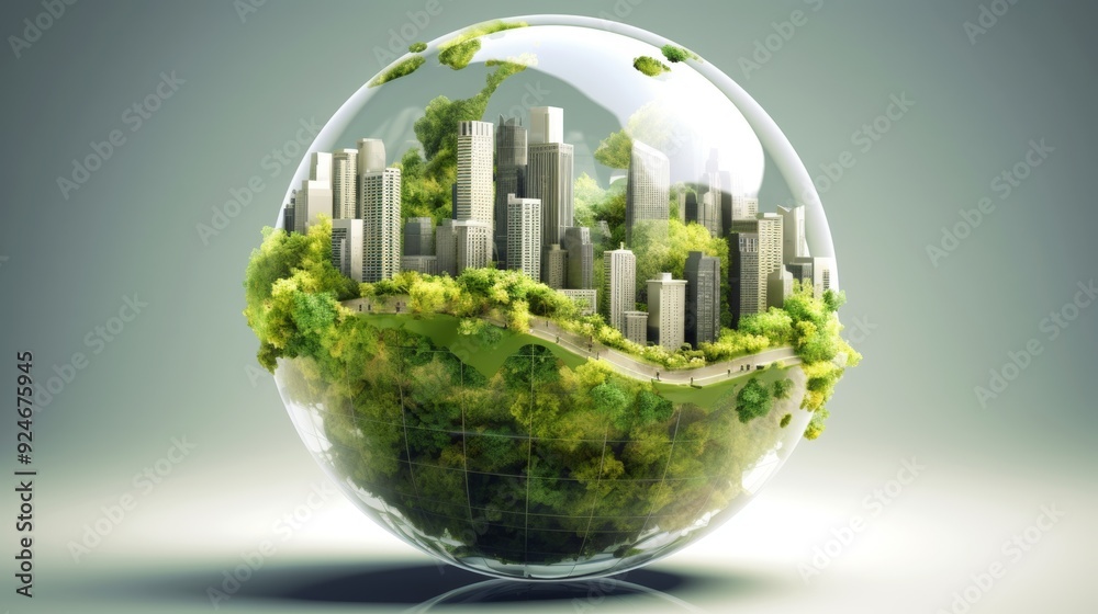 A glass globe with a city inside of it A glass globe with a city inside of it