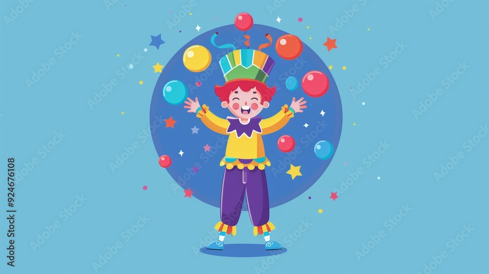 Naklejka premium Child as a circus performer, juggling colorful balls, talent show, logo, art, emblem, simple cartoon 2D