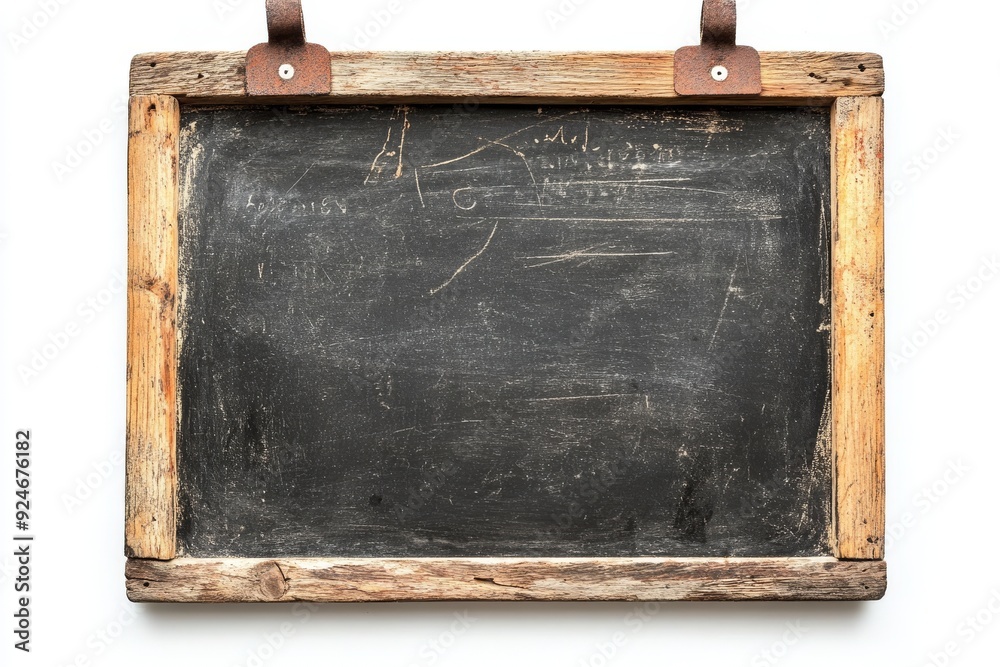 Obraz premium The hands of a man are holding an empty blackboard or chalkboard, isolated on a transparent background