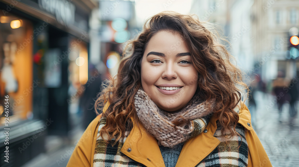 A cheerful woman in stylish autumn fashion adds charm to the vibrant city atmosphere A cheerful woman in stylish autumn fashion adds charm to the vibrant city atmosphere