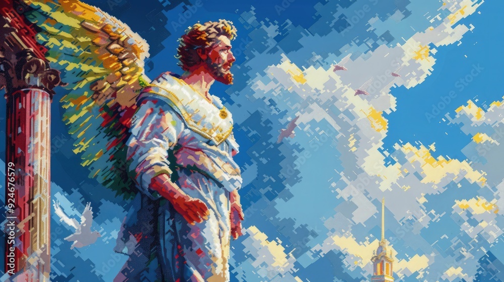 Fototapeta premium Christian religious background in colorful pixel-art style.