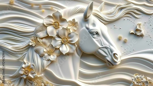 3D wallpaper featuring a horse with flowers in white and gold colors