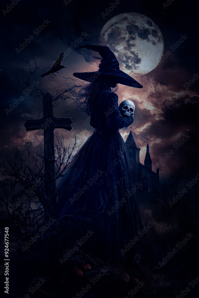Fototapeta premium Halloween witch holding a skull standing over cross, church, crow, dead tree, full moon and cloudy sky, Halloween mystery concept