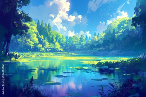 Tranquil lake scene with lush greenery, blue sky and fluffy clouds, digital art illustration, nature scenery, nature wallpaper