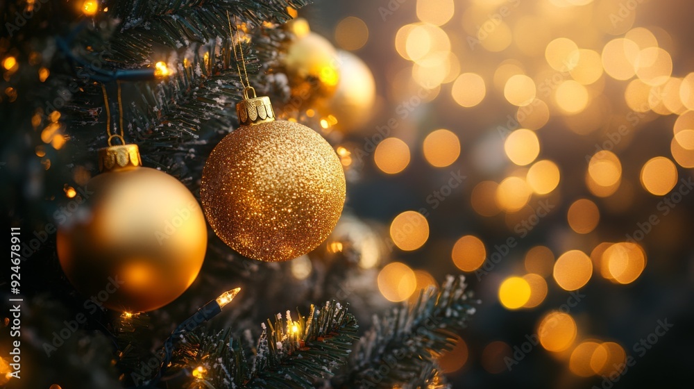 Christmas Tree Adorned with Ornaments and Magical Bokeh Background of Twinkling Fairy Lights Christmas Tree Adorned with Ornaments and Magical Bokeh Background of Twinkling Fairy Lights