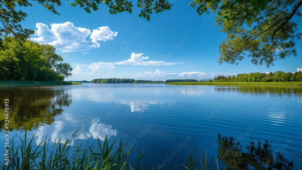 A Tranquil Bliss: Nature's Reflection on a Calm Lake Amidst a Clear Blue Sky and Lush Greenery Breathing Life into Every Corner of This Stunning Landscape Scene. A Tranquil Bliss: Nature's Reflection on a Calm Lake Amidst a Clear Blue Sky and Lush Greenery Breathing Life into Every Corner of This Stunning Landscape Scene.