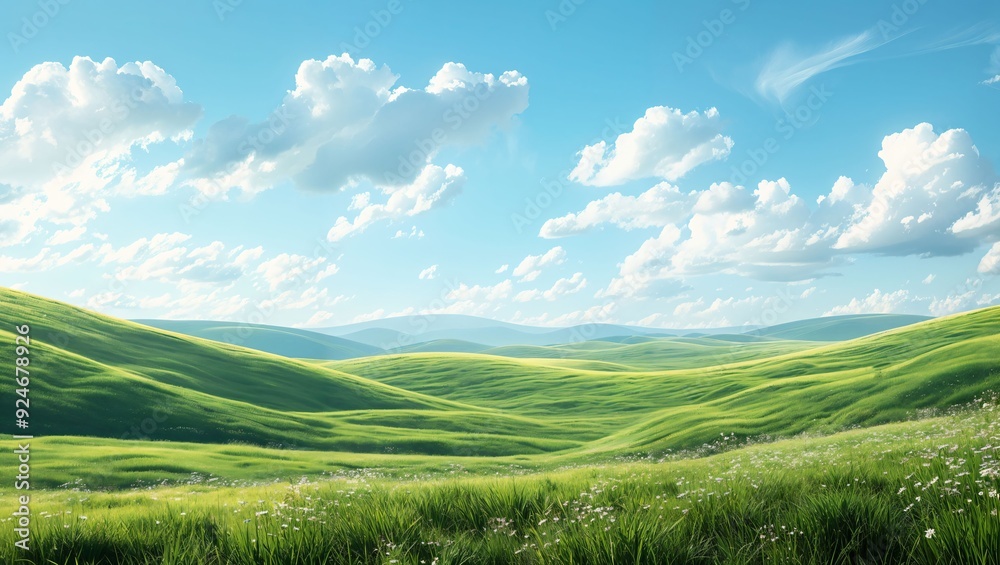 A Captivating Landscape of Rolling Green Hills Under a Bright Blue Sky Filled with Fluffy White Clouds, Inviting Serenity and Peace in Nature's Embrace. A Captivating Landscape of Rolling Green Hills Under a Bright Blue Sky Filled with Fluffy White Clouds, Inviting Serenity and Peace in Nature's Embrace.