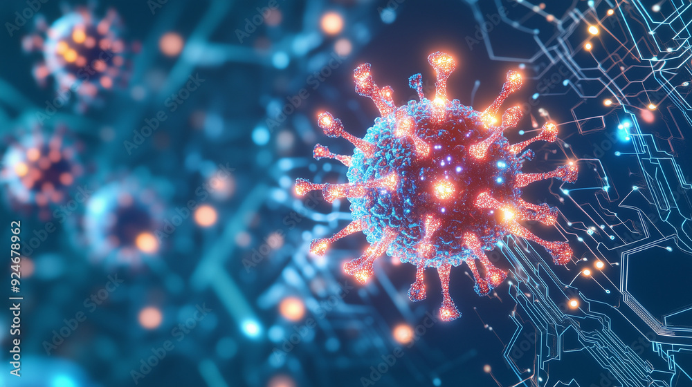 Fototapeta premium A futuristic graphic depicting a virus merged with intricate electronic circuits, symbolizing the fusion of synthetic biology and advanced technology, with glowing digital elements
