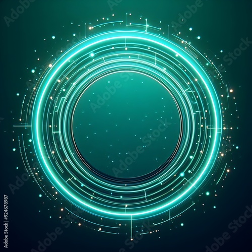 A green circle with a lot of dots and lines. The circle is surrounded by a lot of dots and lines, creating a sense of movement and energy. Scene is dynamic and futuristic