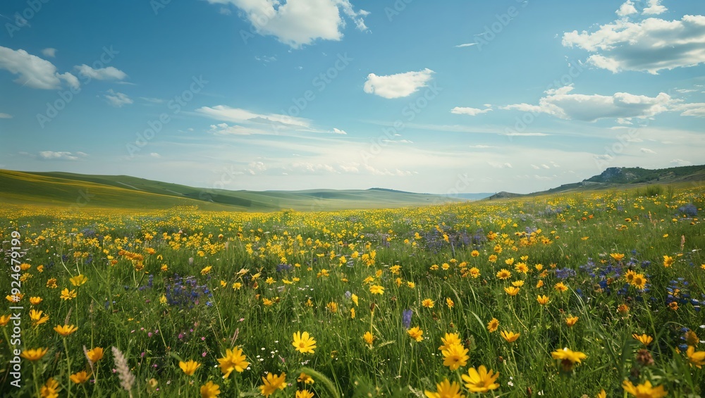 A picturesque meadow filled with bright yellow flowers, showcasing nature's beauty under a blue sky with fluffy clouds, inviting tranquility and a sense of peace. A picturesque meadow filled with bright yellow flowers, showcasing nature's beauty under a blue sky with fluffy clouds, inviting tranquility and a sense of peace.