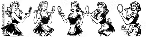 pinup girl in maid outfit doing make-up, black vector illustration, pin-up woman silhouette comic character