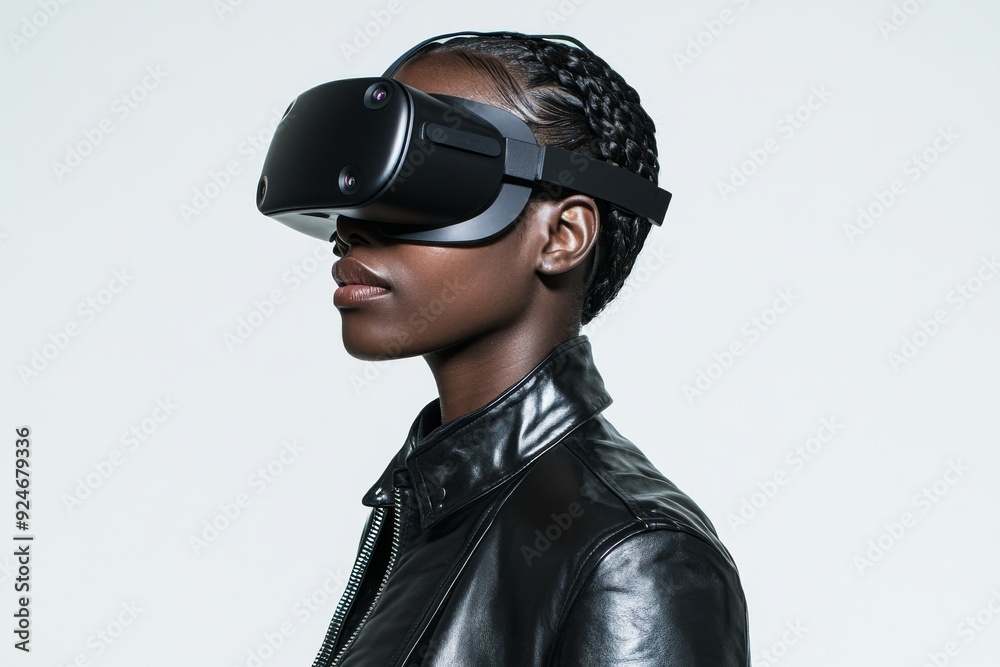 An isolated black woman wearing a virtual reality headset. An isolated black woman wearing a virtual reality headset.