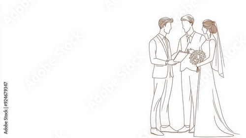 A simple line art illustration depicting a wedding ceremony with a groom, bride, and officiant. The bride is holding a bouquet and the officiant is holding a book. The illustration symbolizes love, co