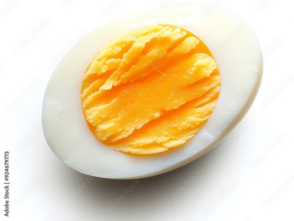 A single, perfectly boiled egg, cut in half and isolated on a white background. The yolk is bright yellow and creamy, while the white is smooth and firm. This image represents a healthy breakfast opt A single, perfectly boiled egg, cut in half and isolated on a white background. The yolk is bright yellow and creamy, while the white is smooth and firm. This image represents a healthy breakfast opt