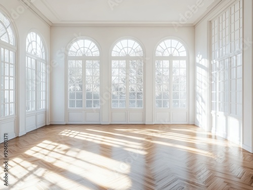 A large, empty room with white walls and wooden floors