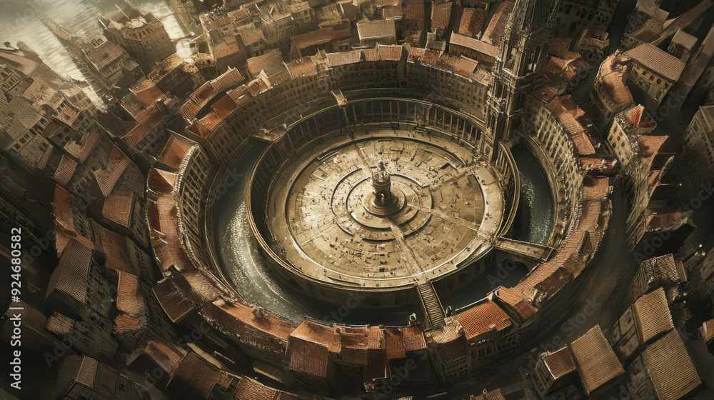 A historical European city with concentric circular buildings and water channels, featuring A historical European city with concentric circular buildings and water channels, featuring