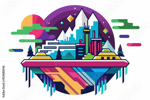 Floating Island with Modern Cityscape and Night Sky