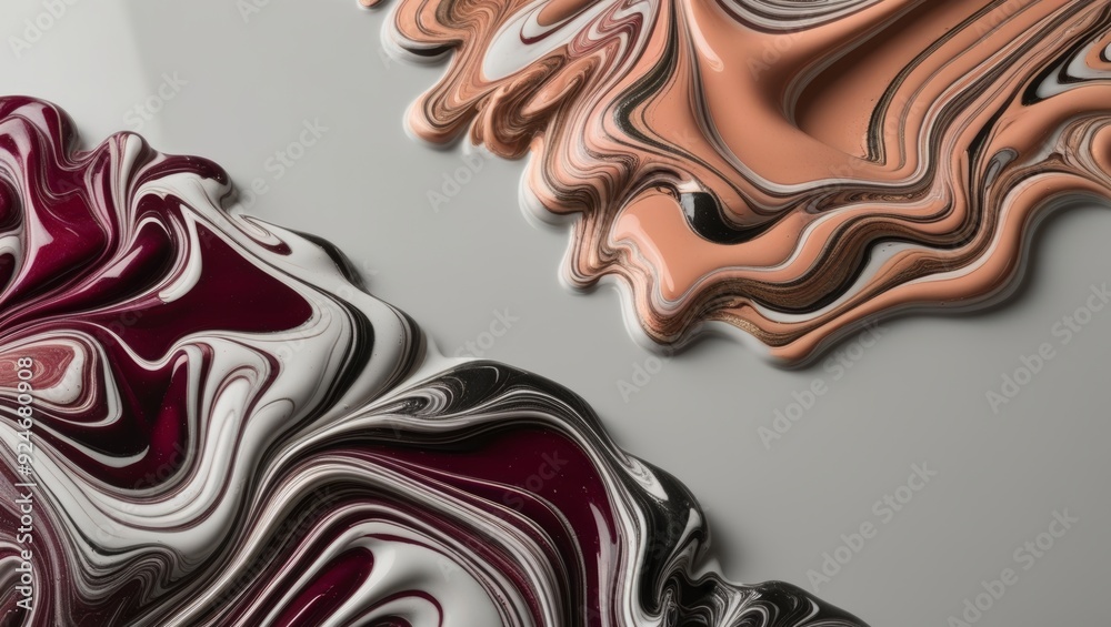 Abstract art with swirling patterns of red, white, black, and brown paint. Abstract art with swirling patterns of red, white, black, and brown paint.