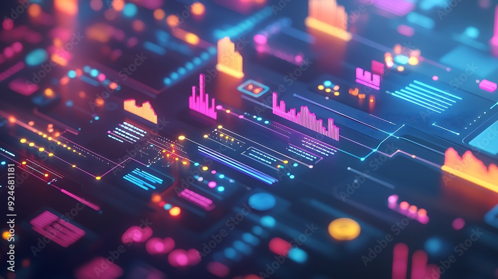 Technology adoption analysis, digital icons and trend lines, 3D illustration Technology adoption analysis, digital icons and trend lines, 3D illustration