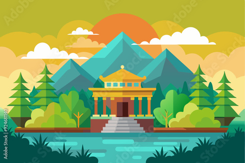 A Golden Temple in a Tranquil Mountain Valley