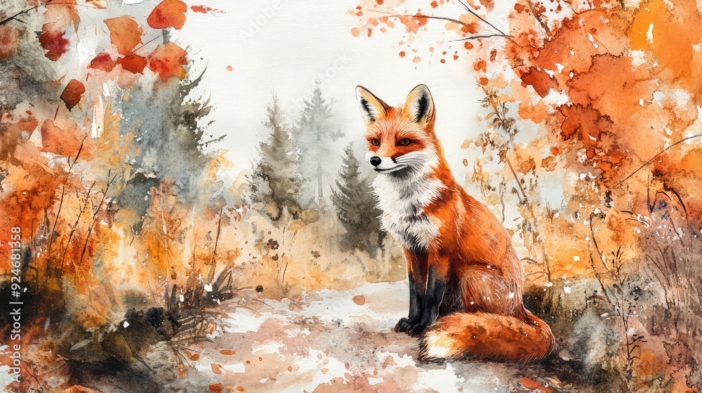 Fototapeta premium Watercolor fox sitting on nature trail in fall season. The generation of AI