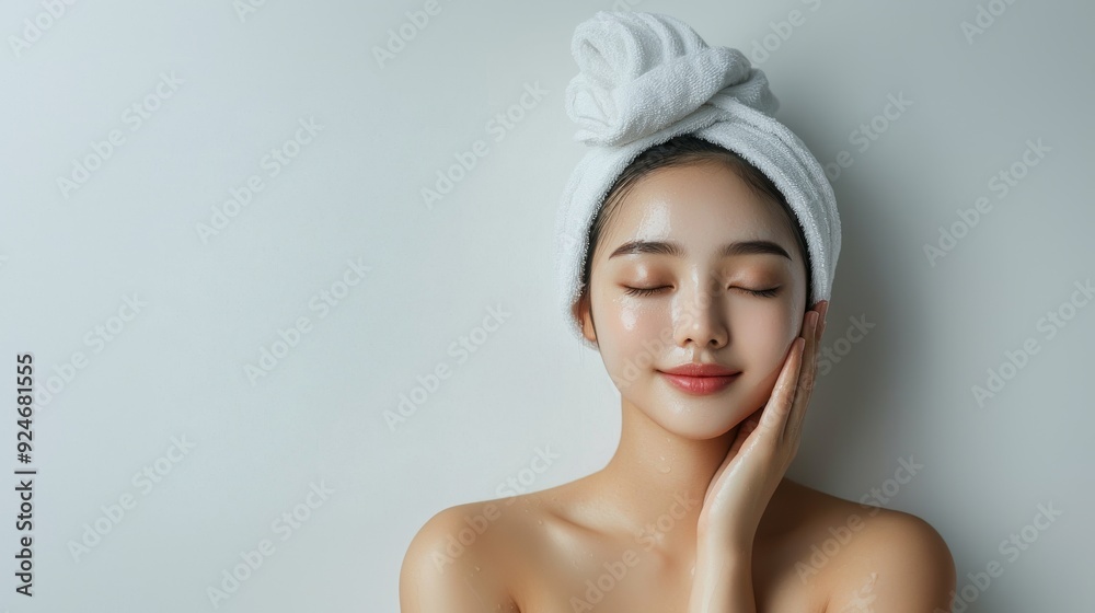 Beautiful asian model with glowing skin enjoying a relaxing facial spa treatment, isolated on a white background. Beautiful asian model with glowing skin enjoying a relaxing facial spa treatment, isolated on a white background.