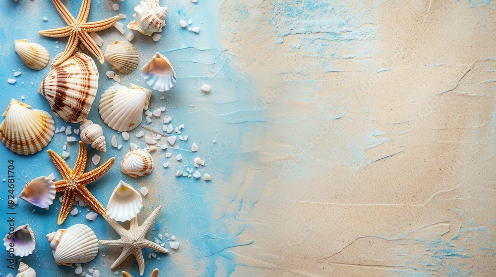 Obraz premium Various seashells and starfish are scattered on a sandy surface by the water