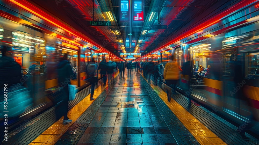 Crowded Urban Train Station Filled with People During Rush Hour.