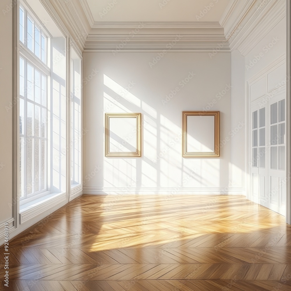 A large room with two empty frames on the wall A large room with two empty frames on the wall