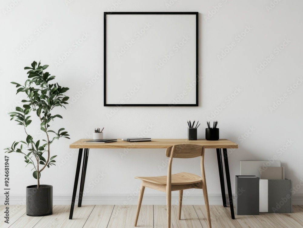 A desk with a chair and a potted plant in front of a white wall A desk with a chair and a potted plant in front of a white wall