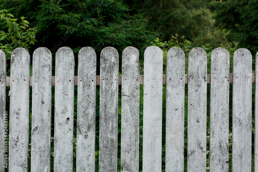 White wooden fence on the green summer garden forest background. front view White wooden fence on the green summer garden forest background. front view