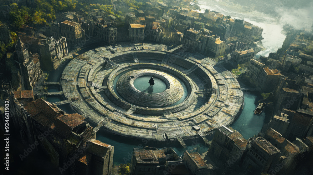 Fototapeta premium A historical European city with concentric circular buildings and water channels, featuring