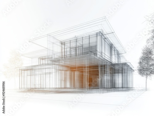 Home architecture exterior renovation contractor banner with realistic and wireframe drawing