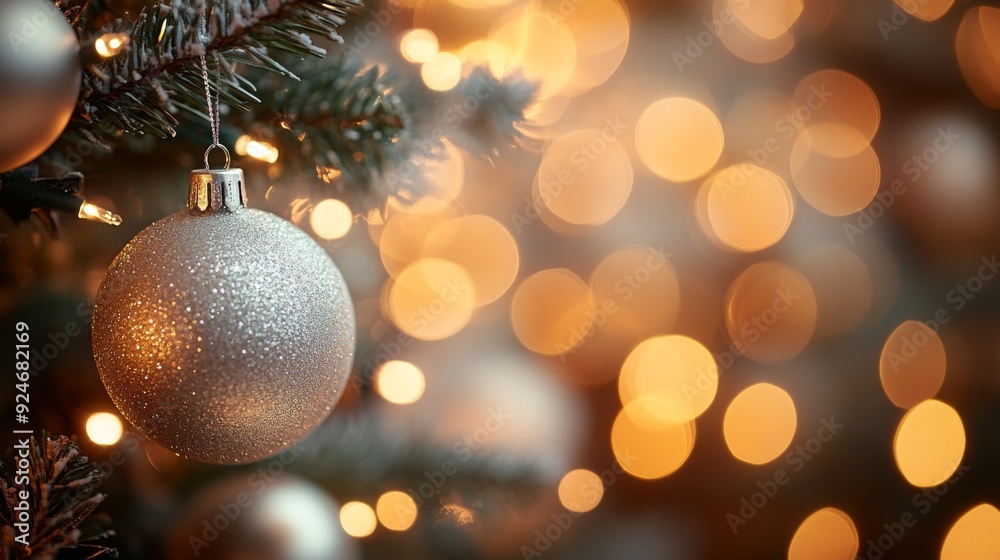 Christmas Tree Adorned with Ornaments and Magical Bokeh Background of Twinkling Fairy Lights Christmas Tree Adorned with Ornaments and Magical Bokeh Background of Twinkling Fairy Lights