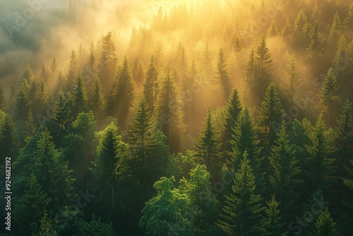 Dense Foggy Forest at Dawn Creating a Mystical Atmosphere and Shadows