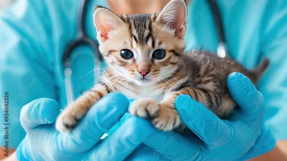 A person wearing a blue lab coat is holding a kitten in their gloved hand. The kitten is small and cute, and the person appears to be a veterinarian. Concept of warmth and care A person wearing a blue lab coat is holding a kitten in their gloved hand. The kitten is small and cute, and the person appears to be a veterinarian. Concept of warmth and care