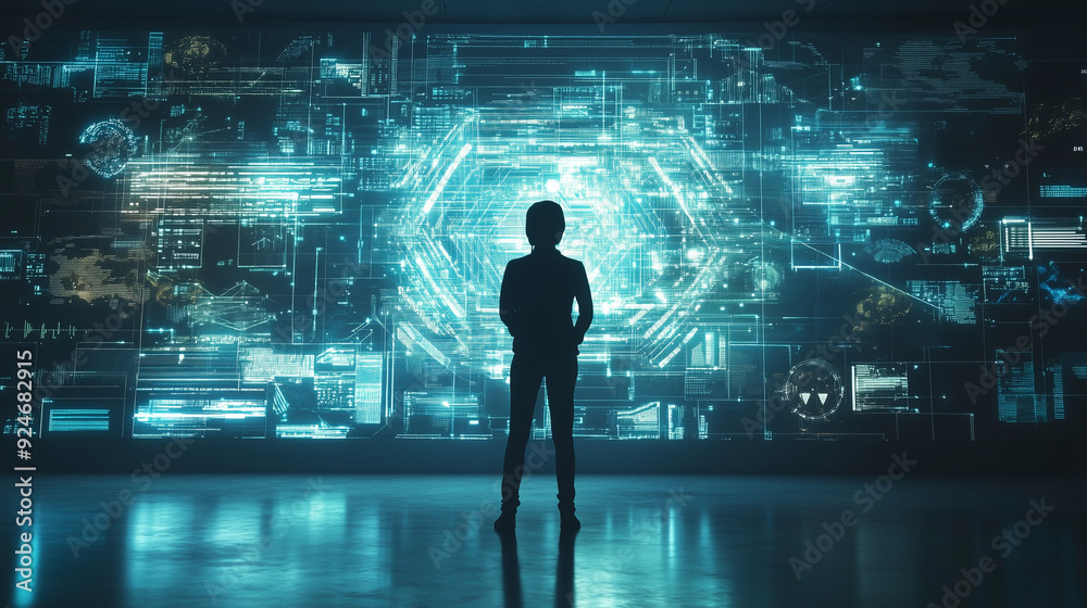 Cybersecurity Vigilance: Silhouetted Figure Facing Digital Threats Cybersecurity Vigilance: Silhouetted Figure Facing Digital Threats